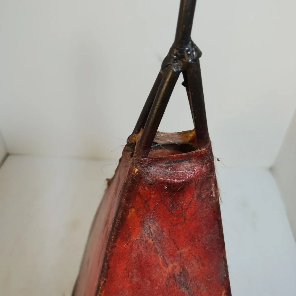 Vintage Pig Skin Table Lamp Iron Accent Light Spanish Red Leather Scroll Bedside - Picture 15 of 16